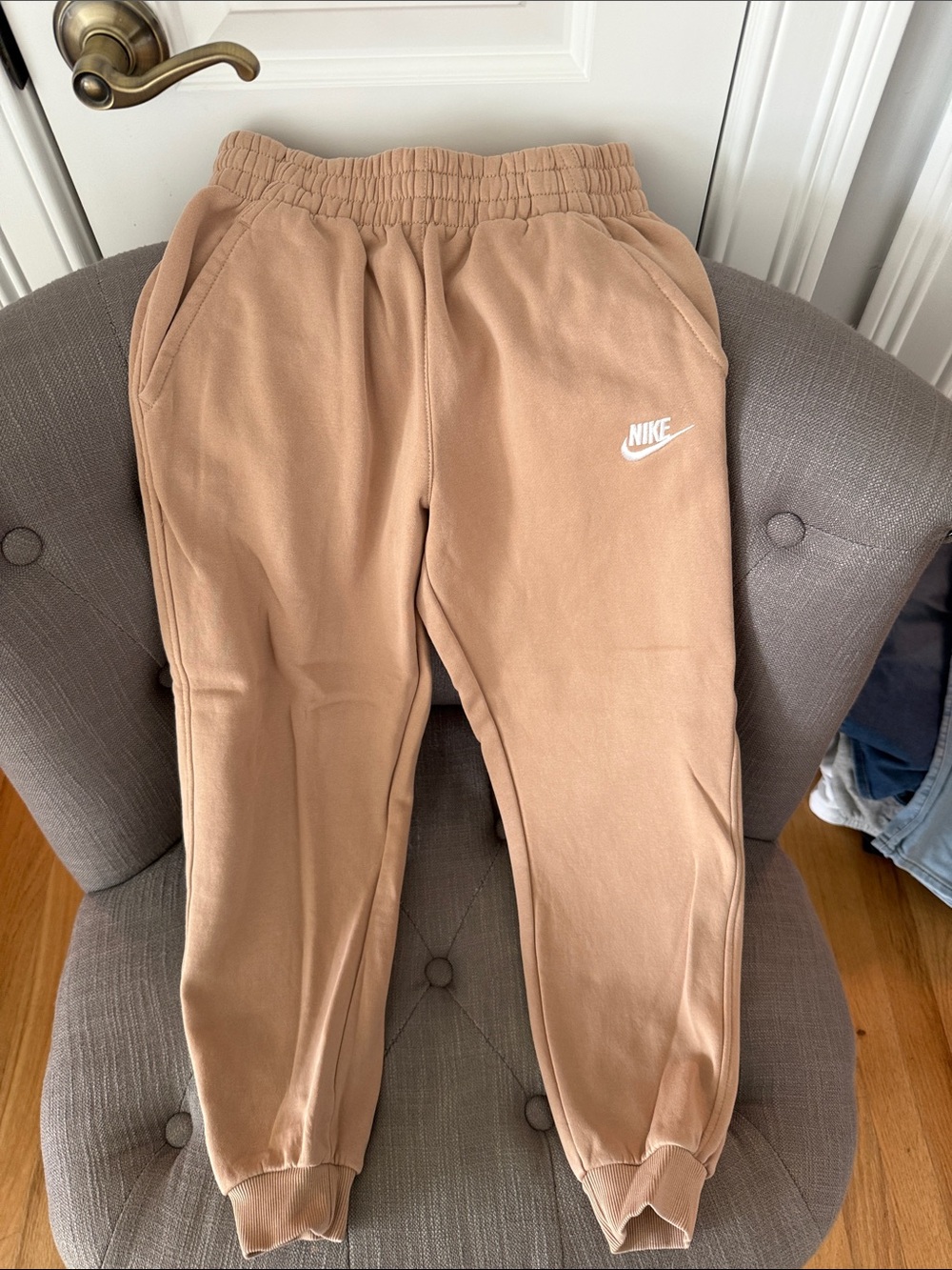 Nike Kids Tan Crew Fleece Joggers with White Logo. Size M. Excellent condition!